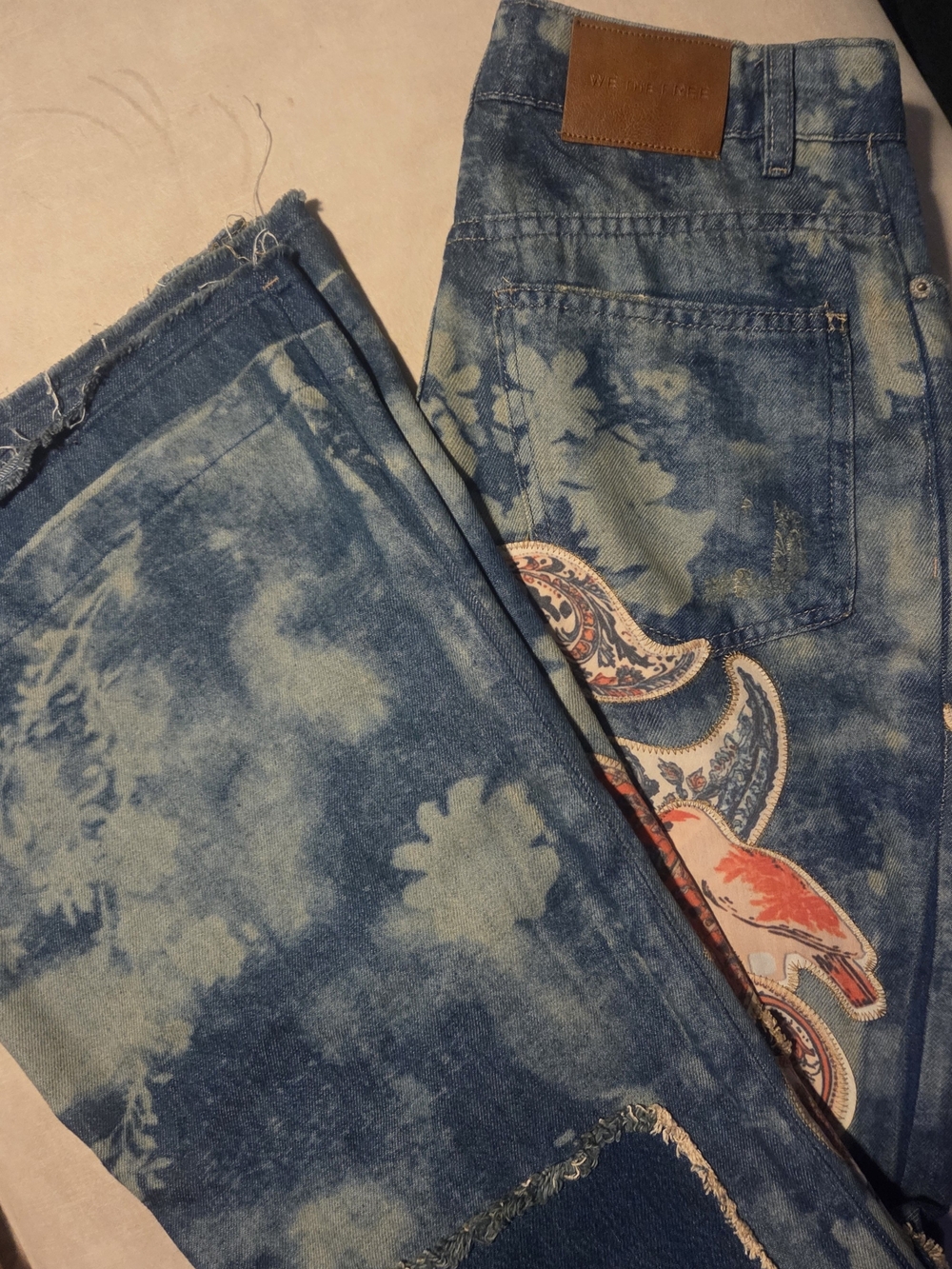 We The Free Blue Tie-Dye Flare Jeans with Paisley Embroidery